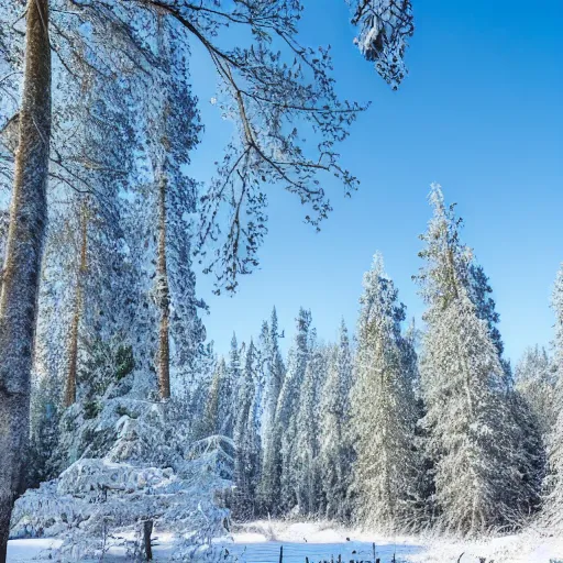 Prompt: a snowy forest, blue sky, award winning photography, 4 k.