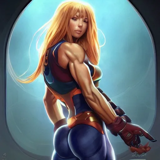 Image similar to samus aran showing her big muscular biceps, highly detailed, digital painting, artstation, concept art, matte, sharp focus, illustration, art by artgerm and greg rutkowski and alphonse mucha