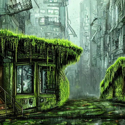 Prompt: decaying urban cityscape covered in moss and vines, post - apocalyptic, dystopian, highly detailed digital painting