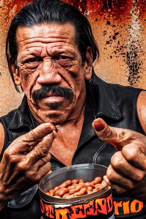 Image similar to danny trejo swimming in a pool of baked beans, realistic, moody grindhouse, dark