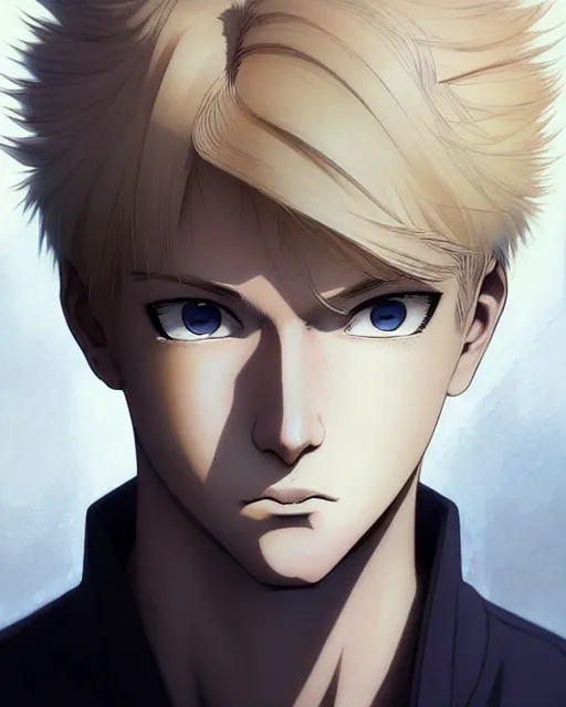 Image similar to portrait Anime Blonde Guy Short Hair Sharp fine face, pretty face, realistic shaded Perfect face, fine details. Anime. by makoto sinkai, katsuhiro otomo ghost in the shell movie scene, magali villeneuve, artgerm, rutkowski symmetrical, symmetrical features, coherent face-features