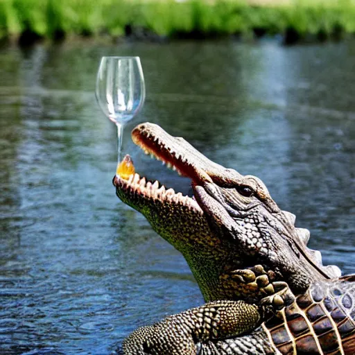 Image similar to alligator in a suit drinking a fancy wine