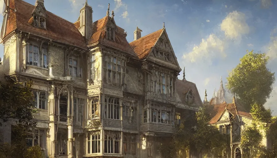 Prompt: portrait of a victorian manor house on a street, courtyard, highly detailed, architecture, sunny, blue sky, cinematic lighting, godrays, volumetric, digital art painting by greg rutkowski