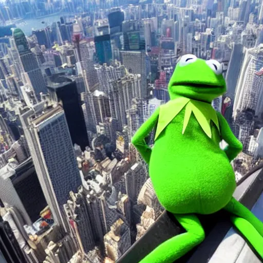 Image similar to kermit the frog scaling the empire state building like hong kong