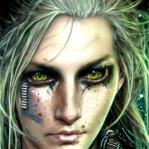 Image similar to an award finning closeup facial portrait by luis royo and john howe of a very beautiful and attractive female bohemian cyberpunk traveller aged 8 0 with green eyes and freckles in clothed in excessively fashionable cyberpunk gear and wearing ornate warpaint