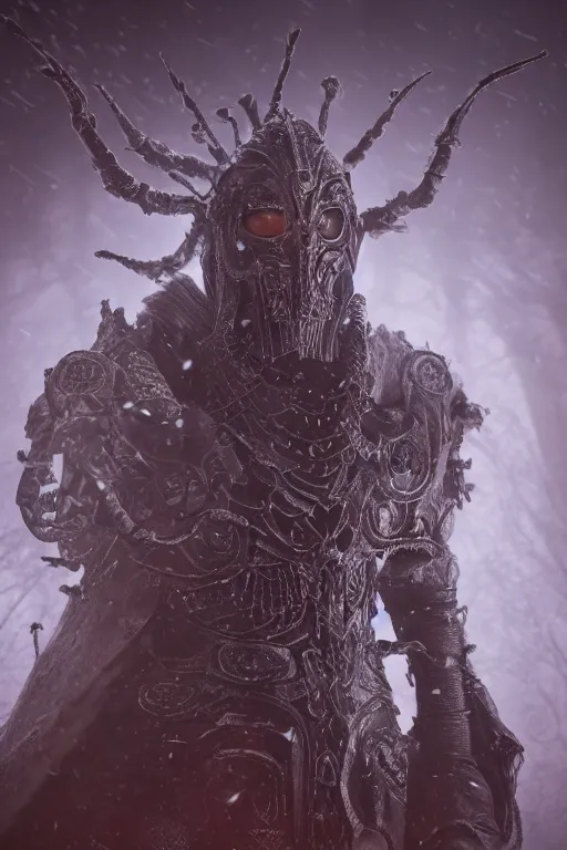 Prompt: a portrait of an ancient lich king, dark fantasy setting, dynamic pose, cobwebs and dust, decay, glowing red eyes, close - up, intricate details, intricately detailed clothing and textures, warm lighting, vivid colors, smoke and mist, realistic octane render, hyper realistic render, volumetric shading, depth of field, raytracing, 8 k,