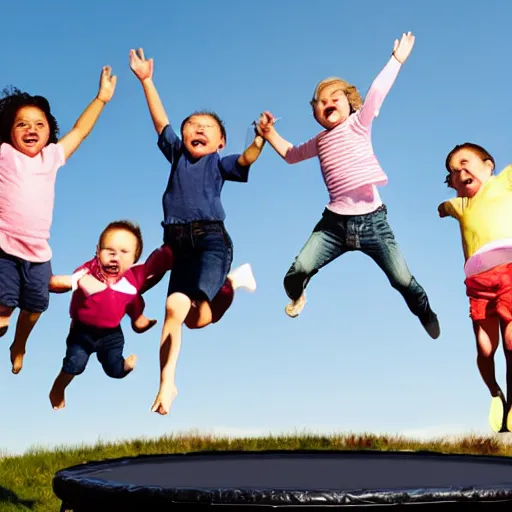 Image similar to A dozen babies jumping on a trampoline