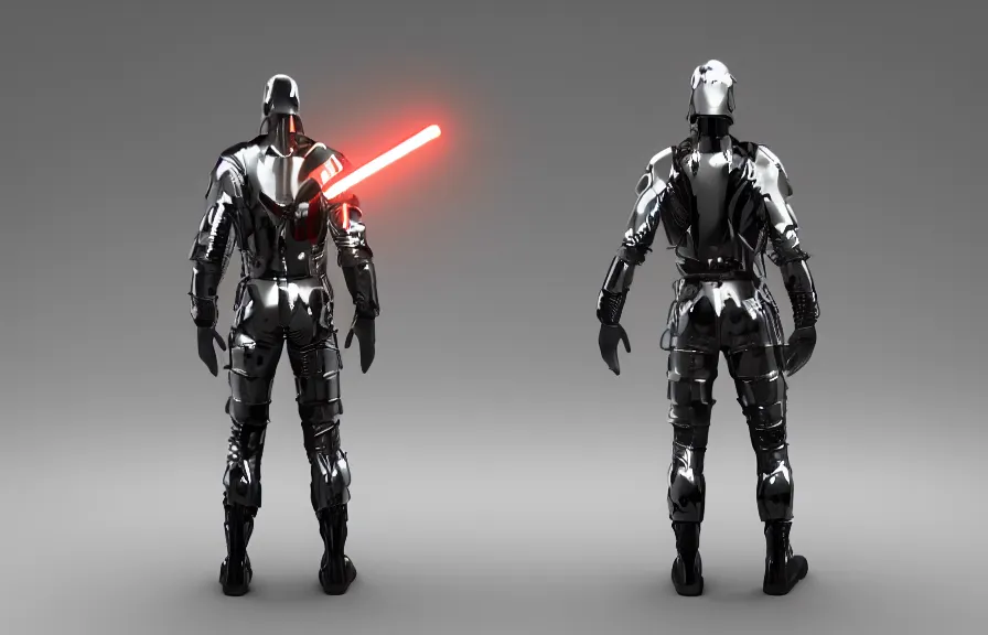 Image similar to futuristic warrior with latex and steel details, with his back to the viewer, futuristic space suite with neon elements, back light, full body view, 8 k, 3 d render, cinematic lighting