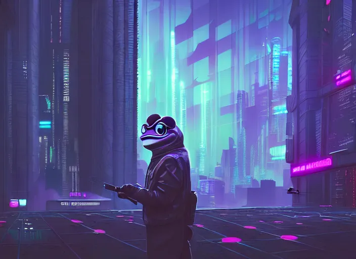 Image similar to cyberpunk pepe the frog, futuristic city, computers, dylan kowalski, marat zakirov, albert ramon puig, trending on artstation, 8 k