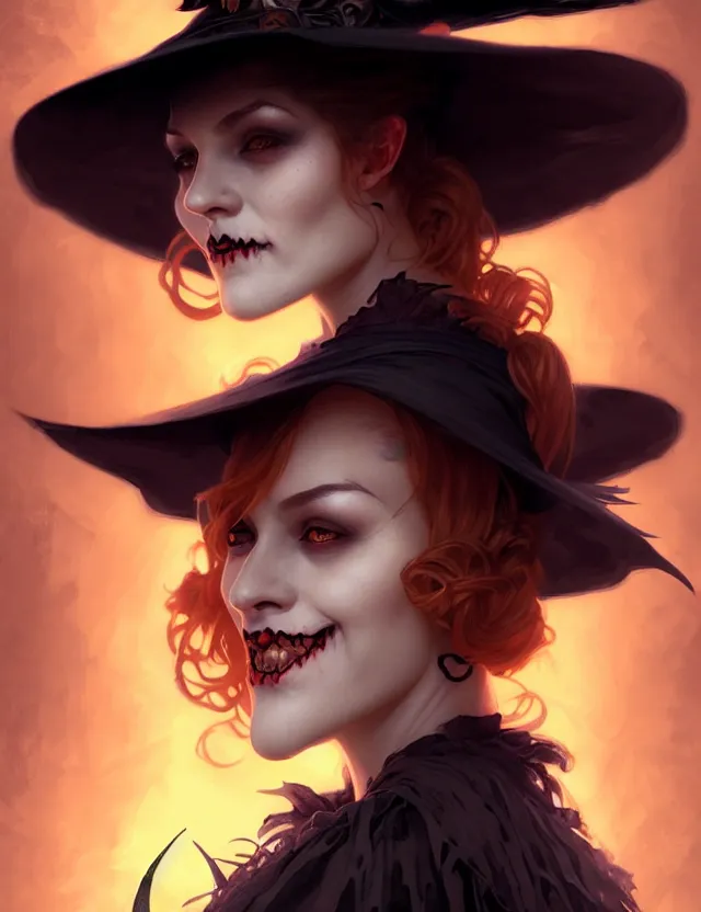 Image similar to halloween witch woman in a hat smiles, fantasy magic, undercut hairstyle, dark light night, intricate, elegant, sharp focus, illustration, highly detailed, digital painting, concept art, matte, art by wlop and artgerm and greg rutkowski and alphonse mucha, masterpiece