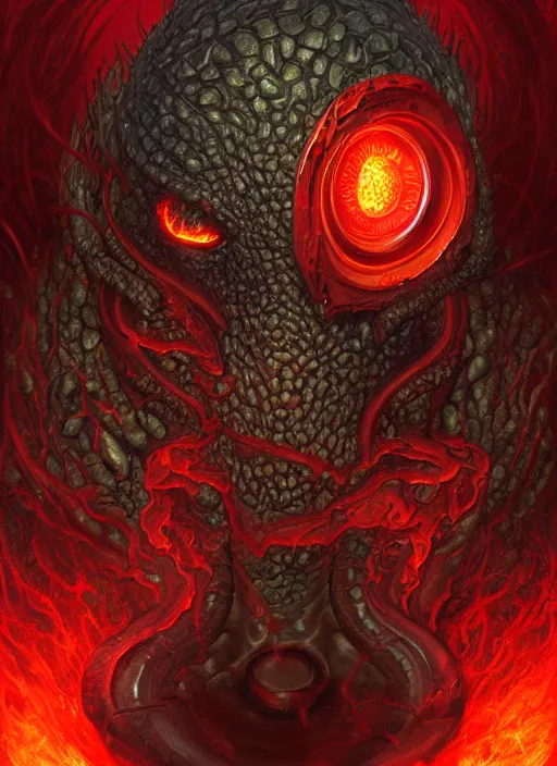 Prompt: dark glowing lava lovecraft horror machine glowing reptile eyes, red skin, elegant, highly detailed, centered, digital painting, artstation, concept art, smooth, sharp focus, illustration, artgerm, tomasz alen kopera, peter mohrbacher, donato giancola, joseph christian leyendecker, wlop, frank frazetta