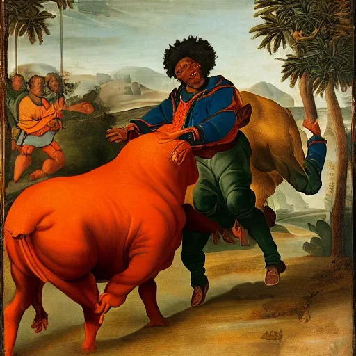 Prompt: photograph of a black man with afro hair wearing an army green adidas jacket riding an orange colored bull!!, renaissance style painting