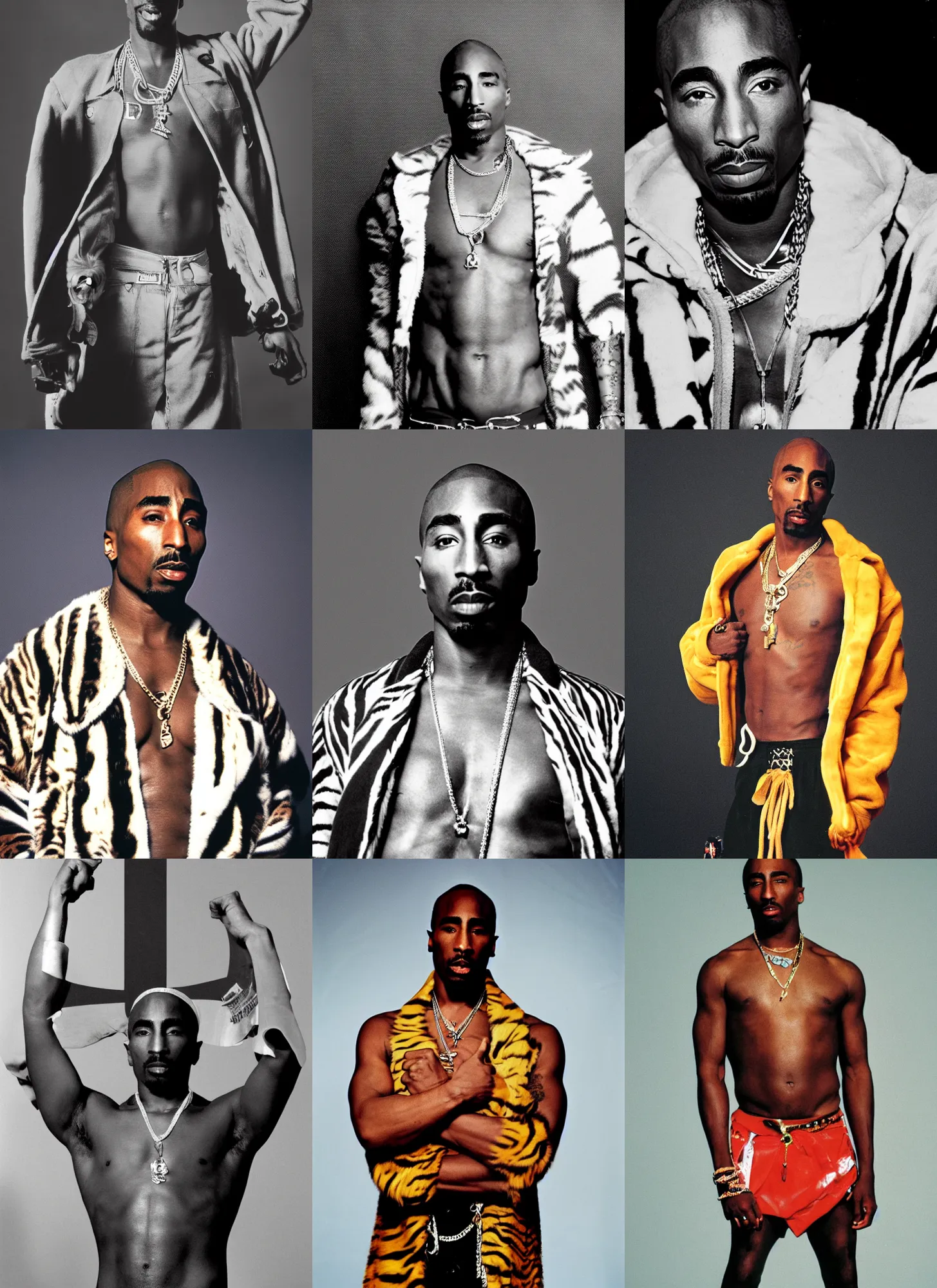 Prompt: an 8 k futuristic official photograph of tupac shakur shirtless wearing a big tiger coat standing on a black background