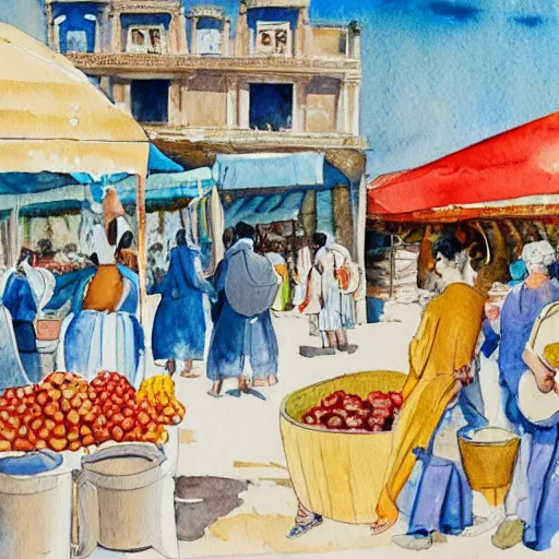 Prompt: a watercolor illustration of a festival in a marketplace on an ancient Greek Island, white and blue buildings, colorful robes, deep ink, fruit vendors, musicians