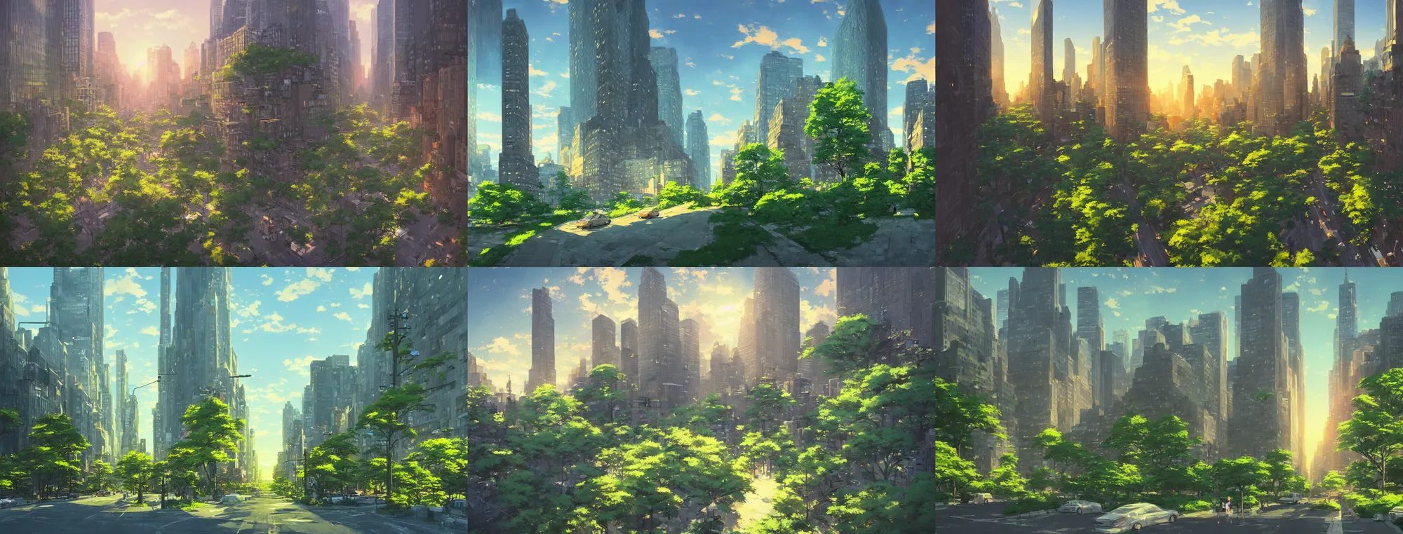 Prompt: dream fantasy new york city, more greens, lanscape, modern, sunset, dusk, perspective, street view, art by makoto shinkai