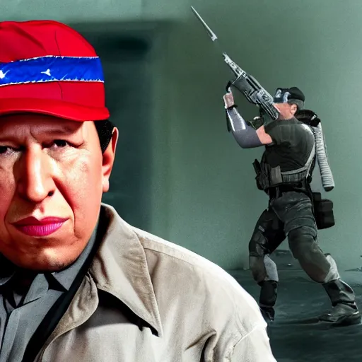 Image similar to A still of Hugo Chávez as Solid Snake from Metal Gear Solid, 4k, photograph, photoreal, realistic, highly detailed, promo shoot, award winning