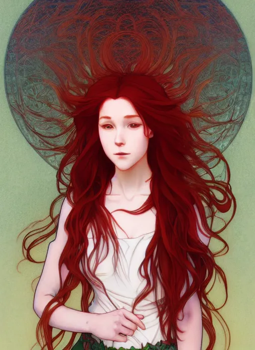 Image similar to pretty young woman with long red hair walking in the darkness, path traced, highly detailed, high quality, digital painting, by studio ghibli and alphonse mucha, leesha hannigan, makoto shinkai, disney