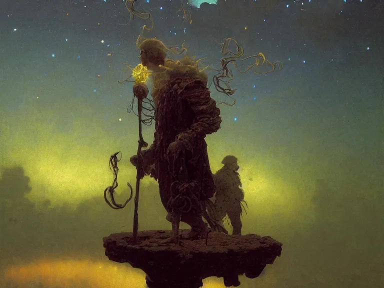 Prompt: a detailed profile oil painting of a men floating over a toiled, aurora lighting clouds and stars by beksinski carl spitzweg and tuomas korpi. baroque elements. baroque element. intricate artwork by moebius. Trending on artstation. 8k