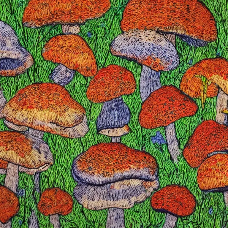 Prompt: a close up view of a wall with colorful mushrooms on it, a detailed painting by master of the embroidered foliage, featured on behance, arts and crafts movement, intricate, ornate, made of flowers