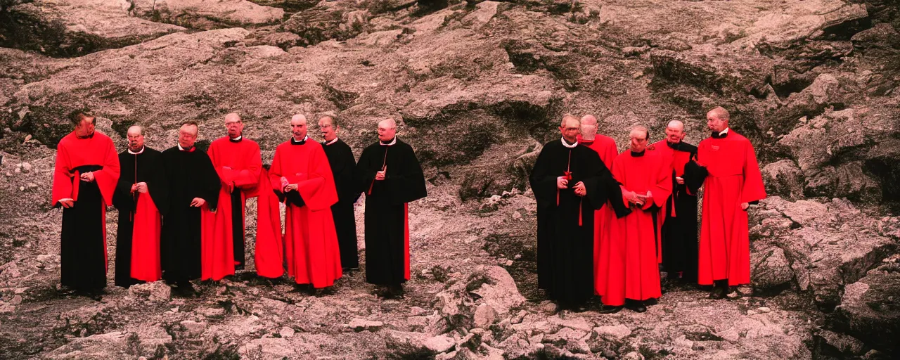 Image similar to a group of priests standing around a forbidden bright red pool on top of a mountain, nighttime, canon 5 0 mm, cinematic lighting, photography, retro, film, kodachrome