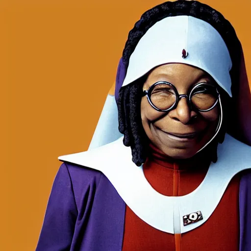 Prompt: whoopi goldberg as guinan from star trek wearing random colored geometric shapes on her head on the starship enterprise