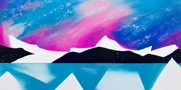 Prompt: a beautiful abstract acrylic painting on a white background of geometric mountain tops made of nebula reflecting on a lake by viktoria lapteva