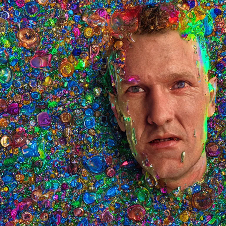 Prompt: octane render portrait by wayne barlow and carlo crivelli and glenn fabry and wes anderson, a vintage monster made out of siny reflective liquor bottles and multicolored oil puddles, cinema 4 d, ray traced lighting, very short depth of field, bokeh