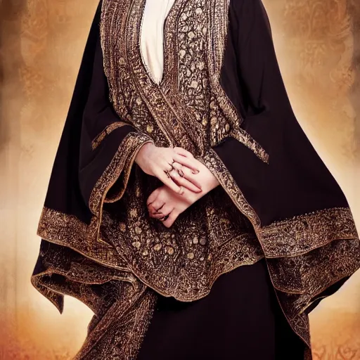 Image similar to A portrait of Emma Stone wearing arabian abaya, high quality, fully detailed, 4k