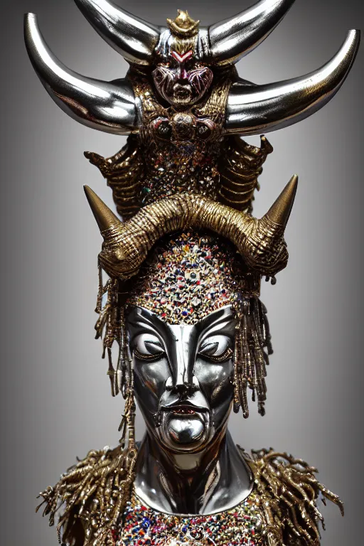 Prompt: chrome carved statue of horned persian sacred demon goddess, metallic polished intricated sculpture, dressed with a colorful torn cotton cloak, made by antonio corradini, and dug stanat macabre art, dark surrealism, epic and cinematic view, volummetric light, texturized, detailed, 8 k