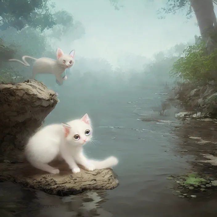 Image similar to a painting of a cute light beige kitten at a river. dark brown ears and face and legs and tail. white paws. character design by cory loftis, fenghua zhong, ryohei hase, ismail inceoglu and ruan jia. volumetric light, detailed, rendered in octane