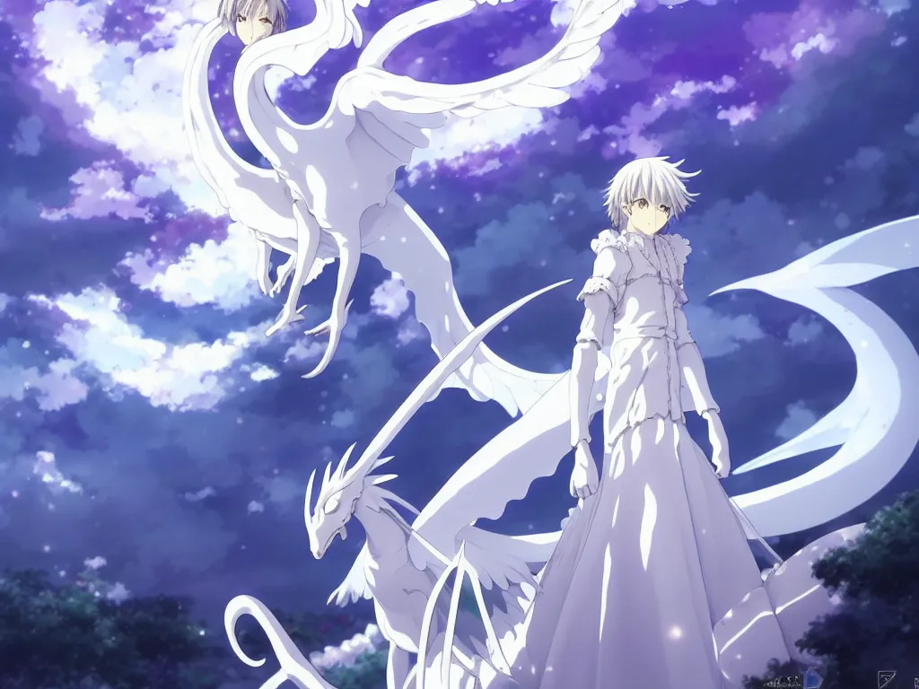 Image similar to anime art full body portrait character concept art, be surrounded by a huge silver white dragon center, in white clouds fairyland, anime key visual of violet evergarden, finely detailed perfect face delicate, raphael lacoste, trending on pixiv fanbox, james jean, violet evergarden, studio ghibli, xision, extremely high quality artwork