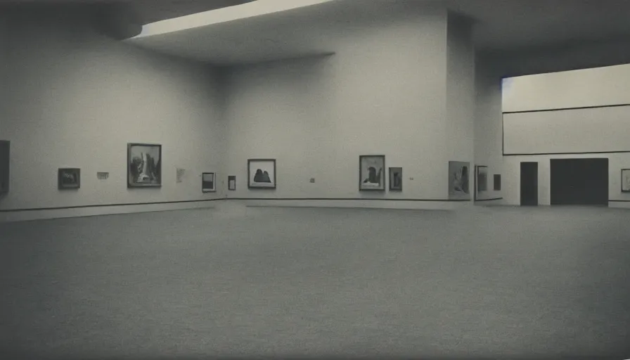 Prompt: 60s movie still of a sovietic stalinist style empty art museum with a soviet congress with yellow wall, POLAROID 600, liminal Space style, heavy grain