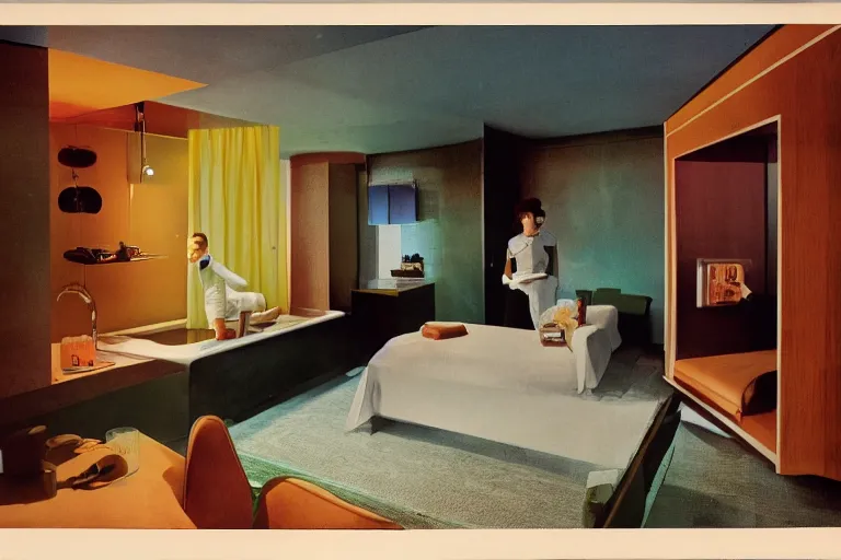 Prompt: a hotel room from the future, the bed is a fish tank, 45mm 1967