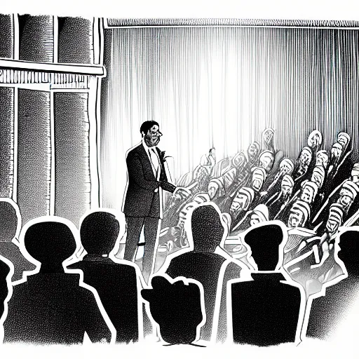 Prompt: an illustration from the backstage of a politician giving a speach to a crowd in a theather, theres are strings attached to the politician being controled by a creature in the shadows like a big goblin laughing mischievously, people don't seem to notice an cherish the spaeker, wide lens, volumetric lighting,