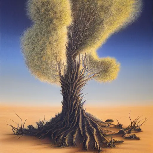 Prompt: a painting of a tree in the desert, an airbrush painting by breyten breytenbach, cgsociety, neo - primitivism, airbrush art, dystopian art, apocalypse landscape