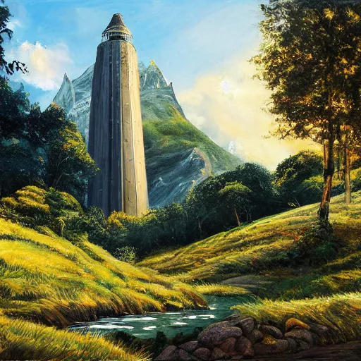 Image similar to painting lord of the rings idyllic landscape, forrest, tower