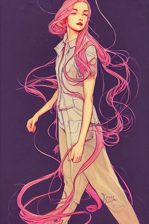 Image similar to concept art design illustration, teen girl walking away alone street flowing hair, fantasy book cover illustration!!, 1 6 colors, logo, ink drawing, art by jc leyendecker and sachin teng