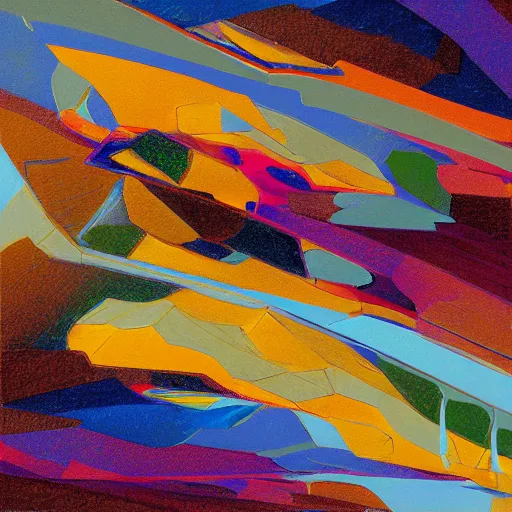 Image similar to masterpiece abstract intricate painting of layers of rocky material. highly geometric slanting down. isometric view. beautiful use of light and shadow to create a sense of depth and movement. using energetic brushwork and a limited color palette, providing a distinctive look and expressive quality in a mathematical composition