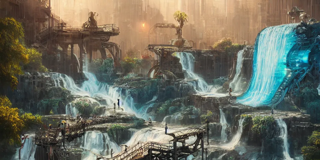 Image similar to beautiful pool waterfalls surrounded by alien robots, steel archways, industrial buildings, rusty metal towers, sun setting, ross tran, fantasy, james jean, peter morbacher, angelarium, alchemy, luxury, heavenly light, soft illumination, trending on artstation, cinematic lighting, digital painting, octane render, artgerm