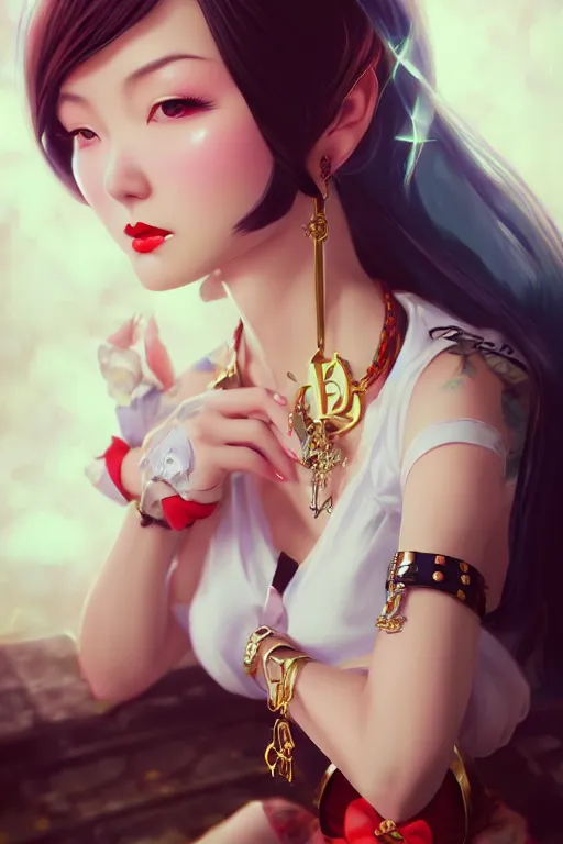 Image similar to a pin up and beautiful fashion charming dreamlke japan girl with lv jewelry, character art, art by artgerm lau and wlop and and ilya kuvshinov and john singer sargent, hyperdetailed, 8 k realistic, symmetrical, frostbite 3 engine, cryengine, dof, trending on artstation, digital art