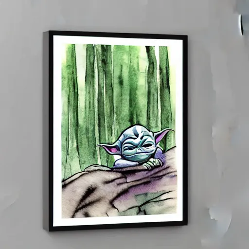 Image similar to high - angle view, baby yoda on a well lit path in a dimly lit forest, dramatic cloudy setting sun, muted color. minimalist, detailed, watercolor, ink ue 5