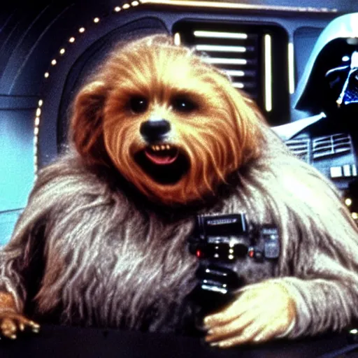 Prompt: John Candy in a dog suit dressed as Barf from Spaceballs sits next to Han Solo in the Millenium Falcon, movie still ftom Star Wars (1977)