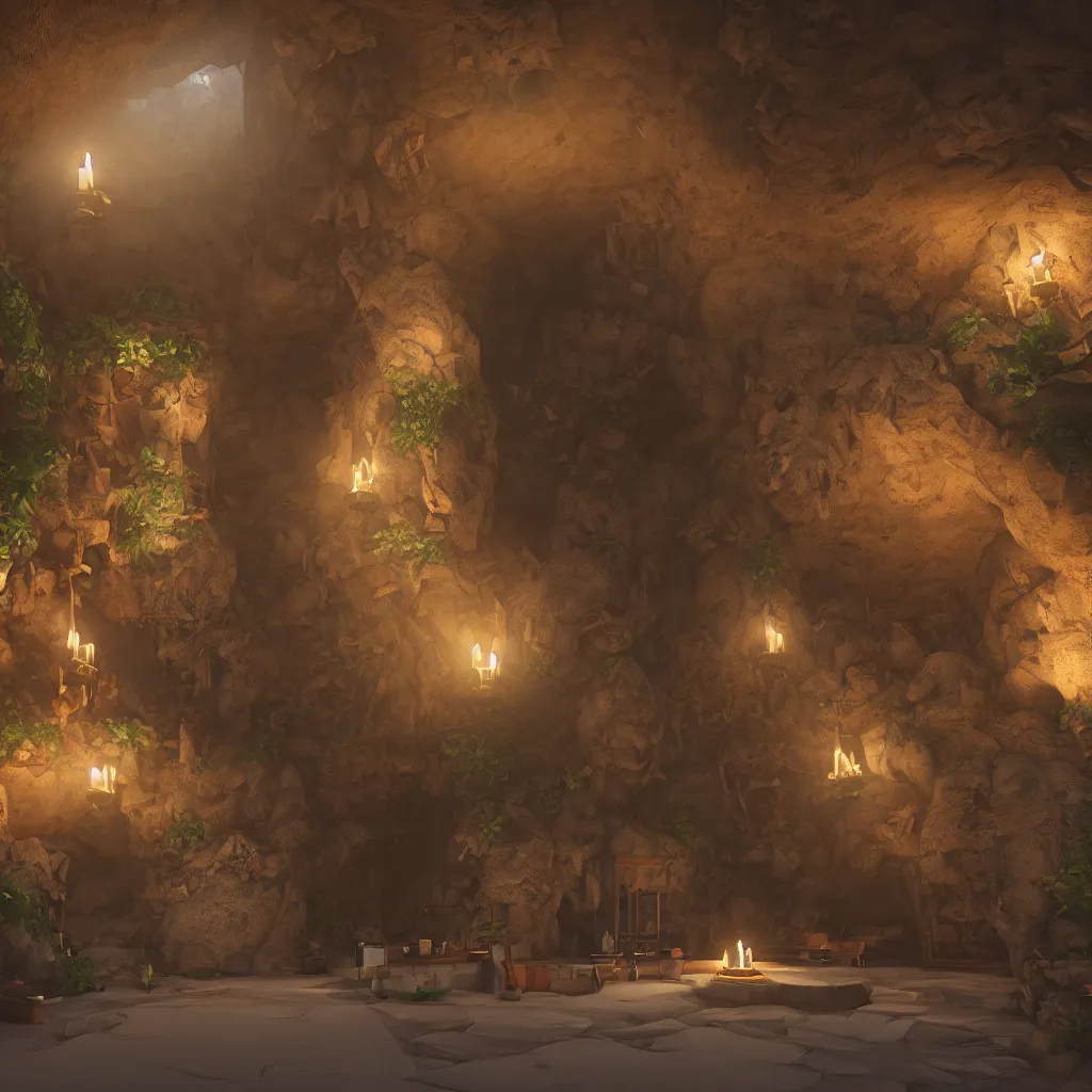 Image similar to secret overwatch common area carved inside a cave, doors to various bedrooms, sheltered, magical, natural light, planters, central tree, candle light, cinematic lighting, clean lines, cozy, fantasy, fantasy architecture, sharp focus, concept art, octane render 8 k