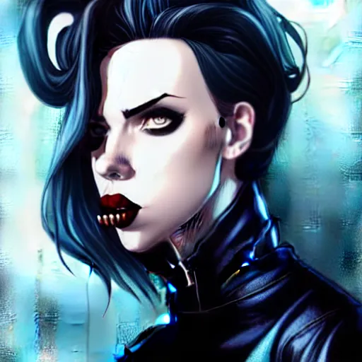 Image similar to rafael albuquerque comic art, peter mohrbacher, david baldeon, artgerm, pretty scarlett johansson vampire sharp vampire teeth open mouth, symmetrical eyes, black leather jacket, jeans, long blonde hair