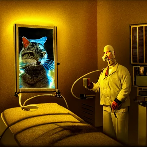 Image similar to anthropomorphic cat interventional radiologist, hospital, cinematic, hdr, backlight, in a symbolic and meaningful style, by albert bierstadt