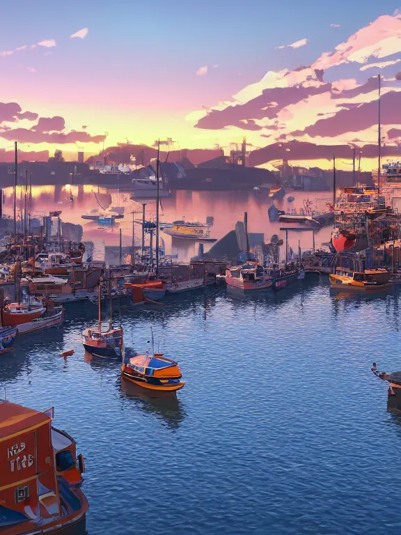 Image similar to photo of 8k ultra realistic harbour, port, boats, sunset, beautiful light, golden hour, full of colour, cinematic lighting, battered, trending on artstation, 4k, hyperrealistic, focused, extreme details,unreal engine 5, cinematic, masterpiece, art by studio ghibli