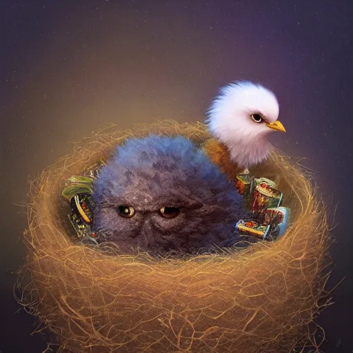 Image similar to long shot of a very fluffy beer chick nesting in a floral cup, esao andrews, by m. w. kaluta, humorous illustration, hyperrealistic, tilt shift, warm colors, night scenery, low light, 3 d octane render, 4 k, volumetric lights, smooth, cosy atmosphere, conceptart, hyperdetailed, trending on deviantart