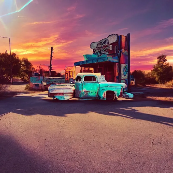 Image similar to a sunset light landscape with historical route 6 6, lots of sparkling details and sun ray ’ s, blinding backlight, smoke, volumetric lighting, colorful, octane, 3 5 mm, abandoned gas station, old rusty pickup - truck, beautiful epic colored reflections, very colorful heavenly, softlight