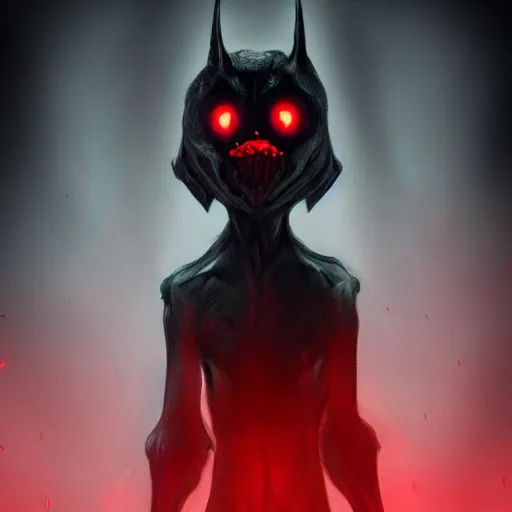 Image similar to [ horrific anthropomorphic pitch black creature with glowing red eyes ]! standing in an [ immensely dark corridor ]!, digital art style, concept art, trending on [ artstation ], contest winner, award winning, 4 k quality