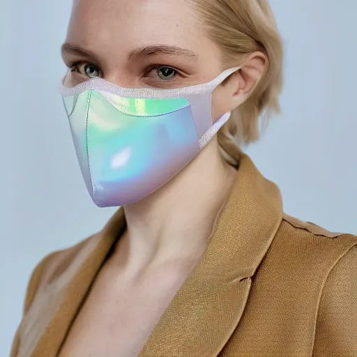 Image similar to an ultra high definition professional studio quality photograph of a transparent iridescent perspex pastel coloured face mask and coat on a white coat hook in an empty white room. dramatic lighting, ray tracing, refraction, shallow d. o. f, colour corrected, golden ratio, three point light. volumetric shadows. light rays.